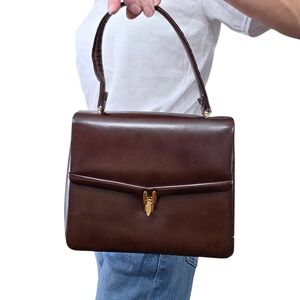 Vintage Peacock Brown Leather Top Handle Satchel Structured Classic Bag